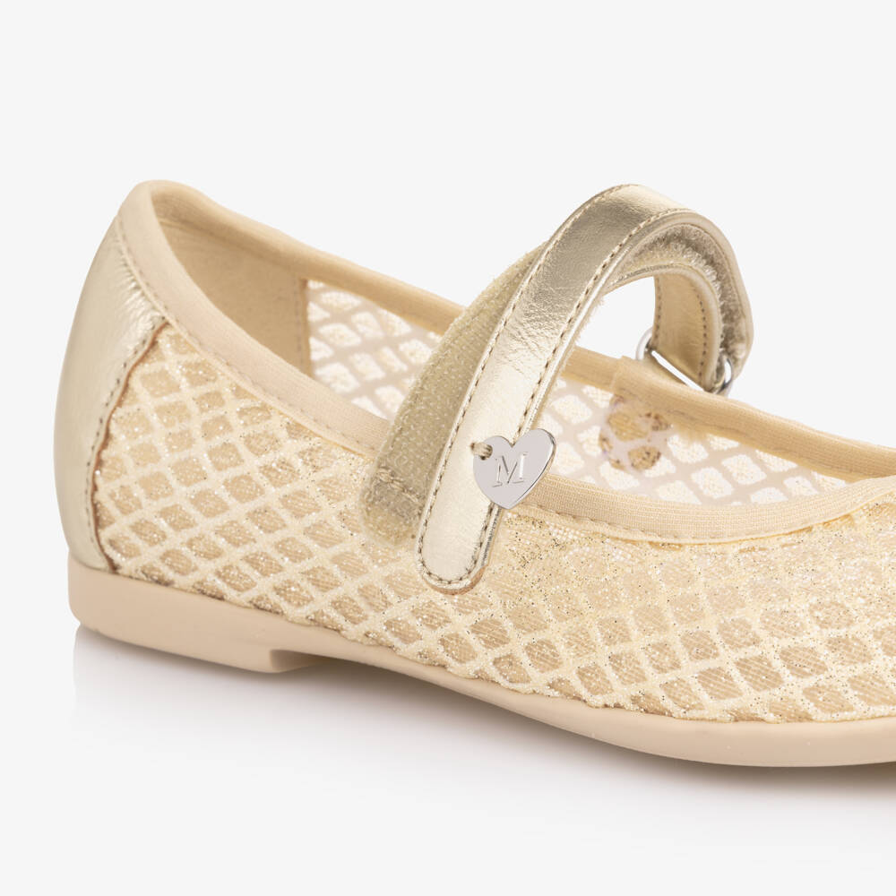 Monnalisa-Girls Gold Mesh & Leather Ballerina Pumps | Childrensalon