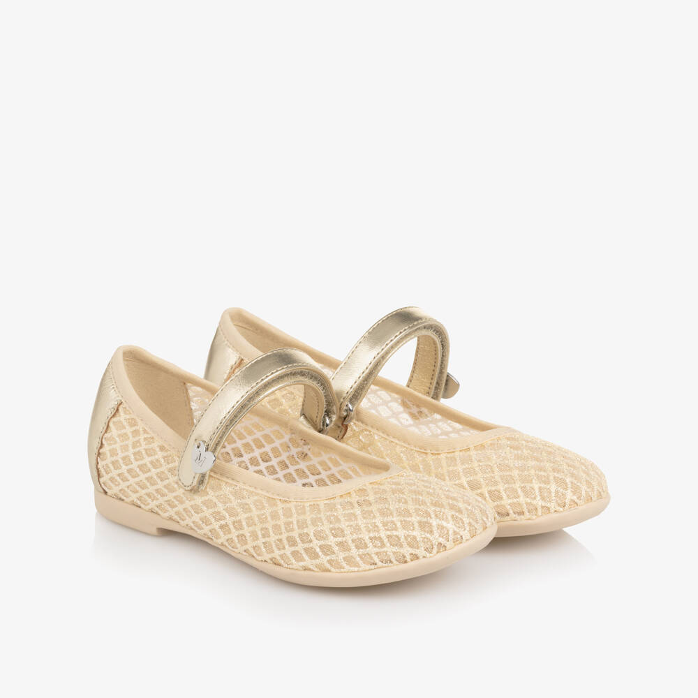Monnalisa-Girls Gold Mesh & Leather Ballerina Pumps | Childrensalon