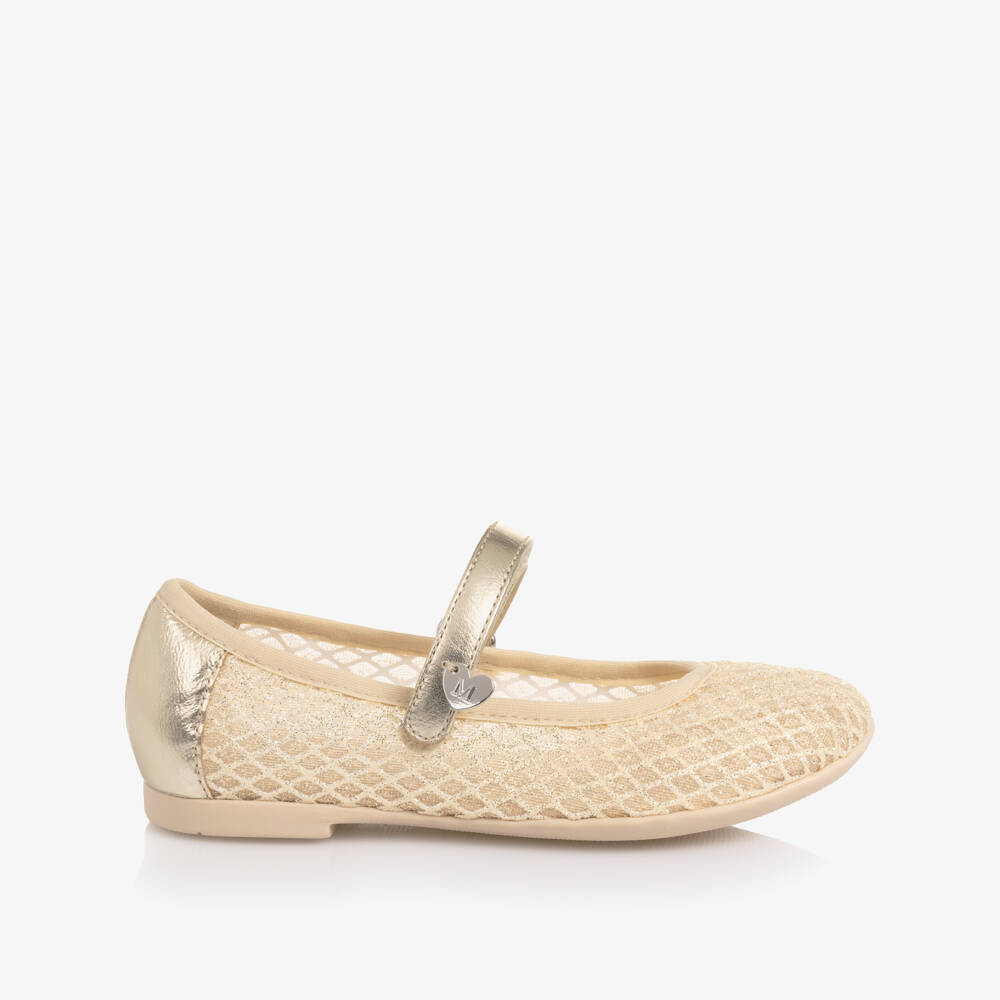 Monnalisa-Girls Gold Mesh & Leather Ballerina Pumps | Childrensalon