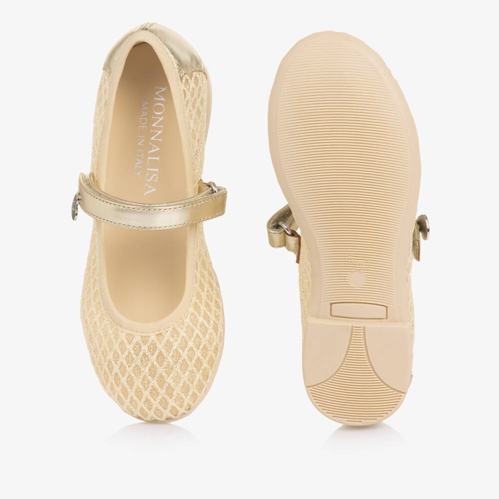 Monnalisa-Girls Gold Mesh & Leather Ballerina Pumps | Childrensalon