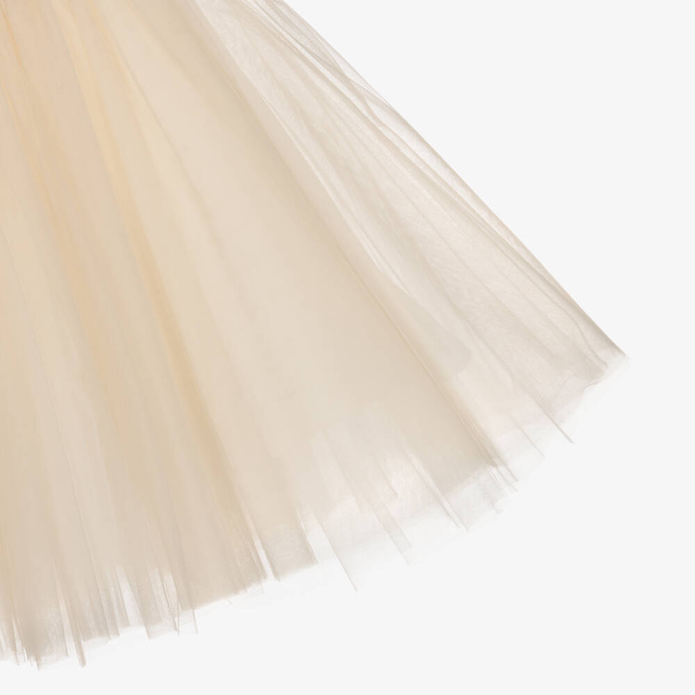 Monnalisa-فستان دانتيل وتول مزين بالترتر لون ذهبي للبنات | Childrensalon