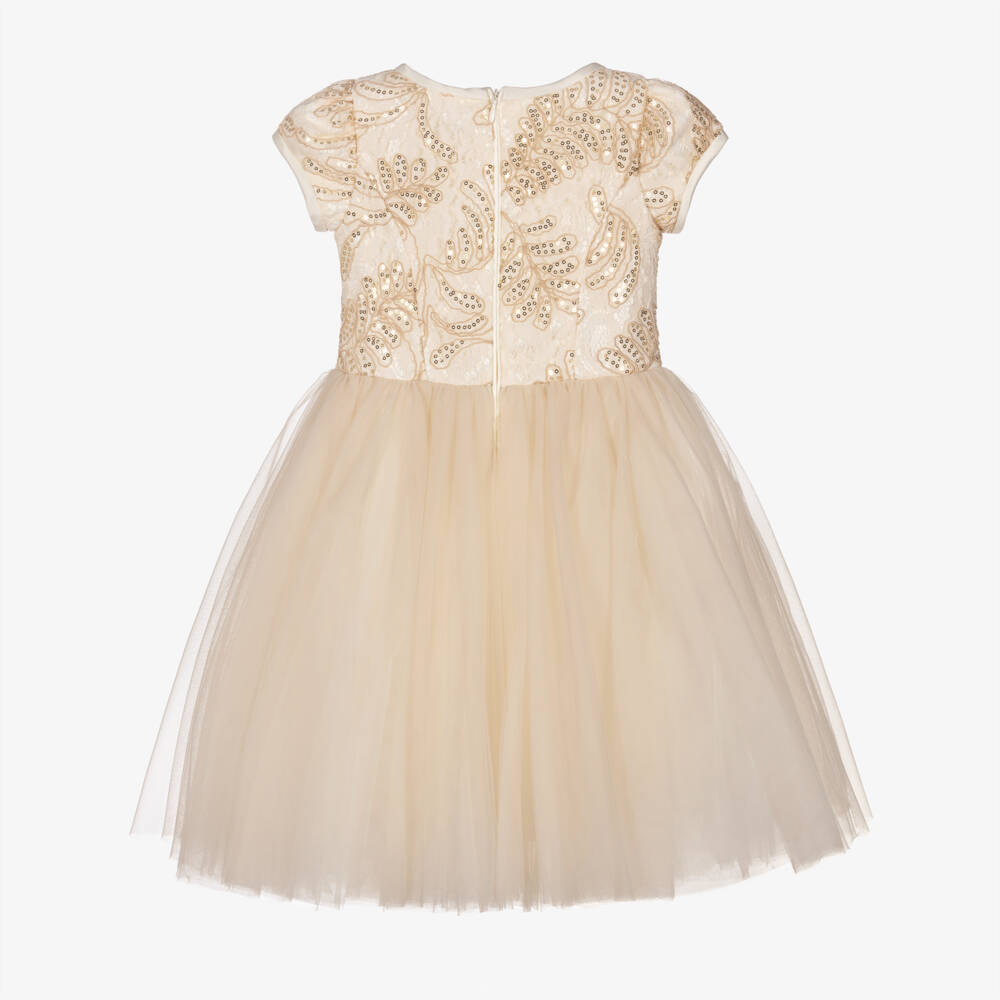 Monnalisa-Girls Gold Sequinned Lace & Tulle Dress | Childrensalon