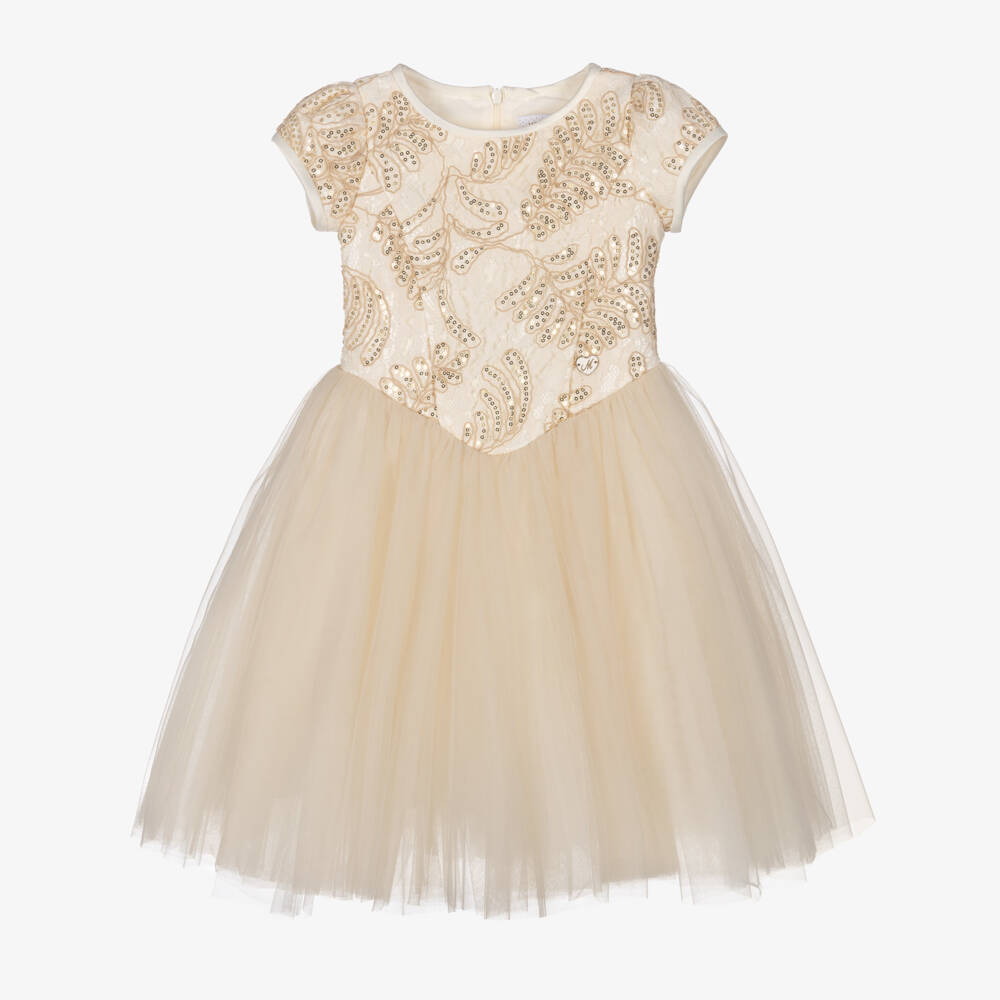 Monnalisa-Girls Gold Sequinned Lace & Tulle Dress | Childrensalon