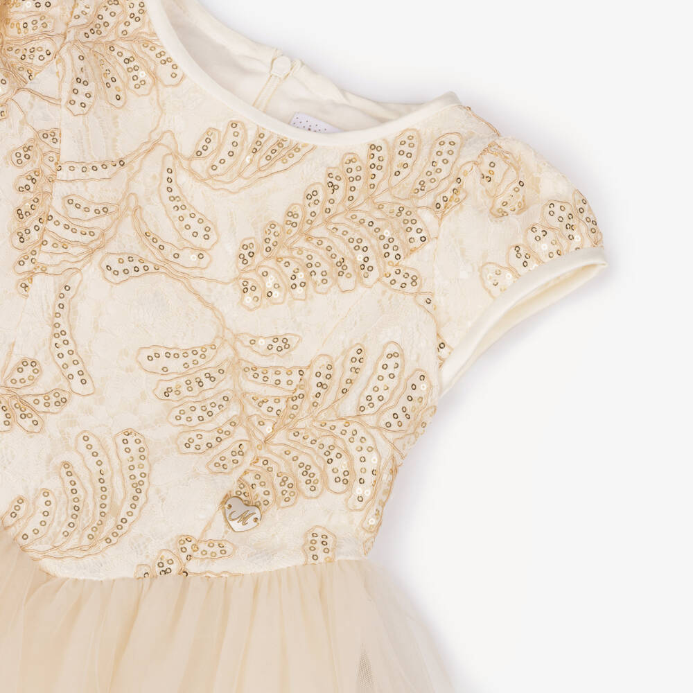 Monnalisa-Girls Gold Sequinned Lace & Tulle Dress | Childrensalon