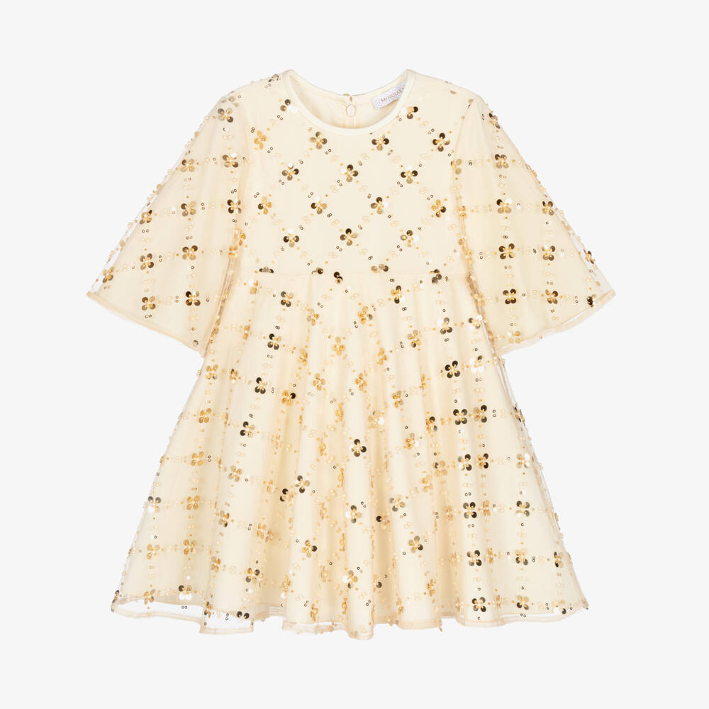Monnalisa-Girls Gold Tulle & Sequin Dress | Childrensalon