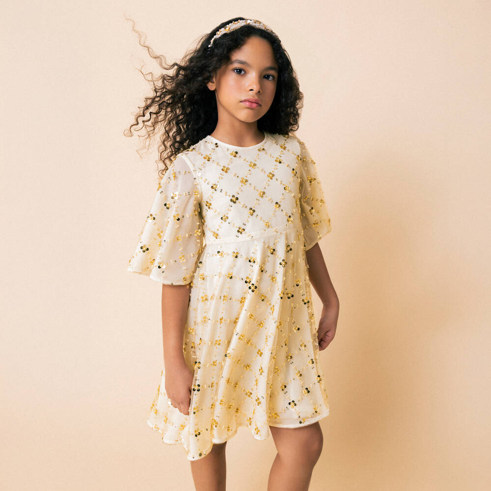 Monnalisa-Girls Gold Tulle & Sequin Dress | Childrensalon