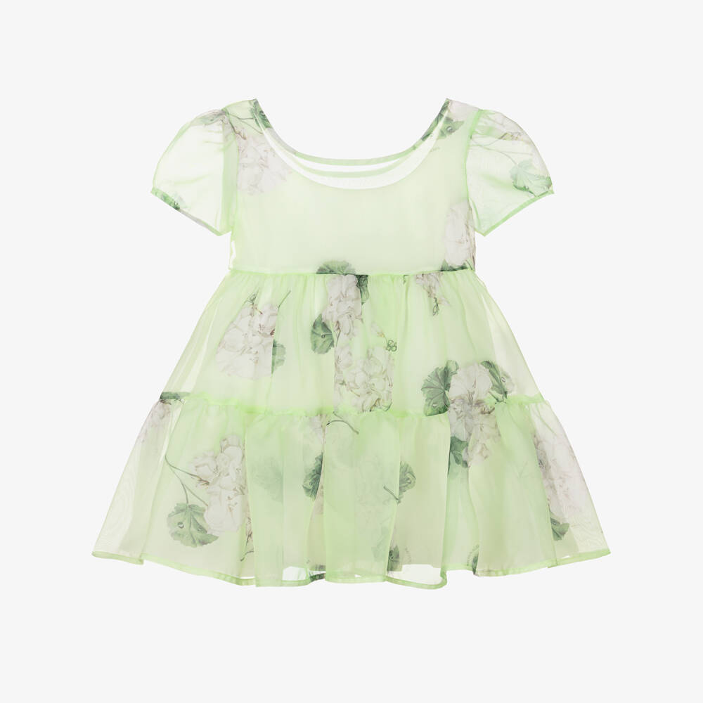 Monnalisa Chic-Girls Green Floral Organza Dress | Childrensalon