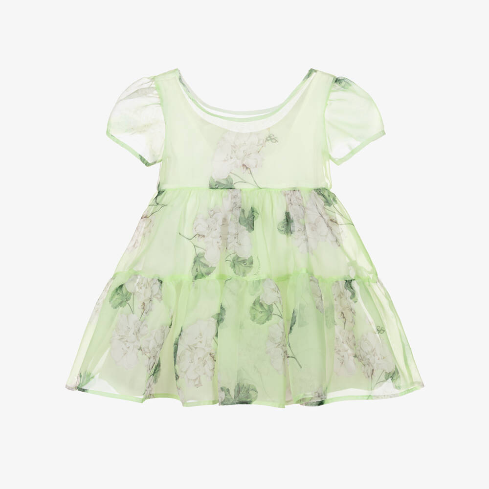 Monnalisa Chic-Girls Green Floral Organza Dress | Childrensalon