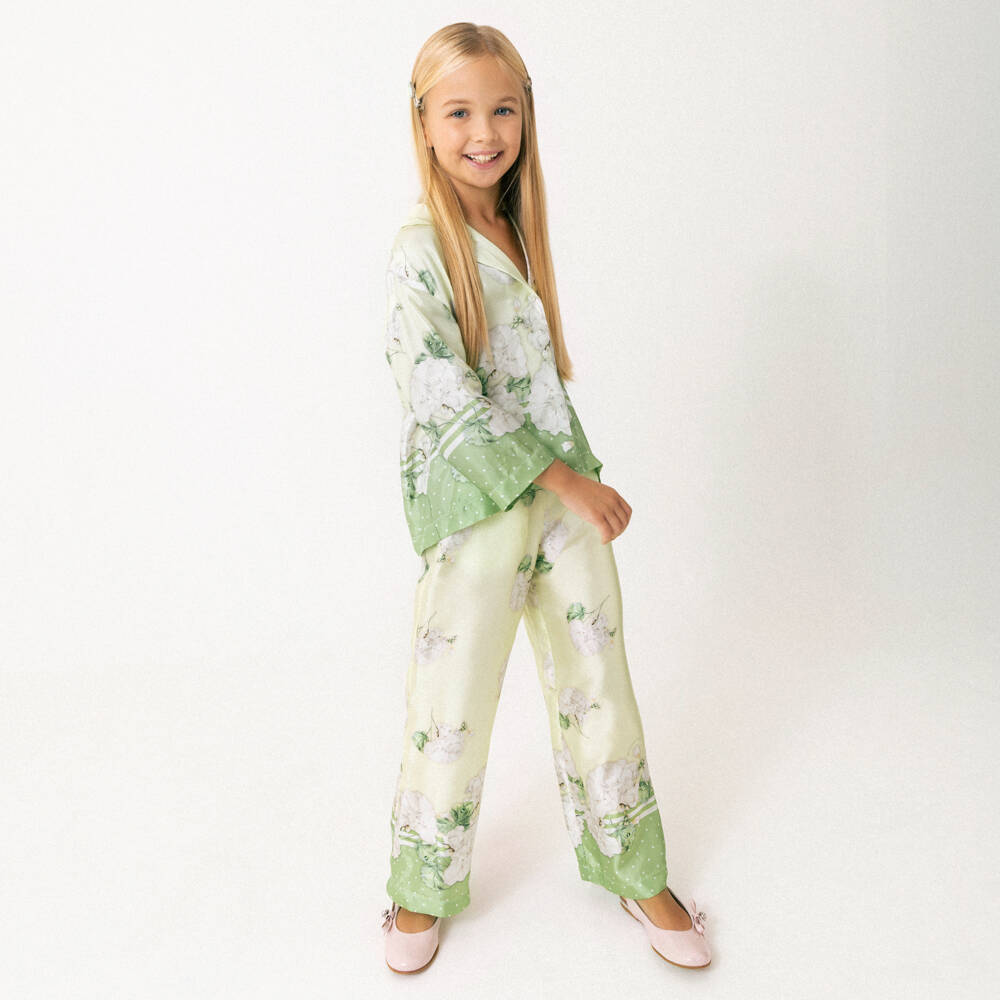 Monnalisa Chic-Girls Green Floral Satin Shirt | Childrensalon