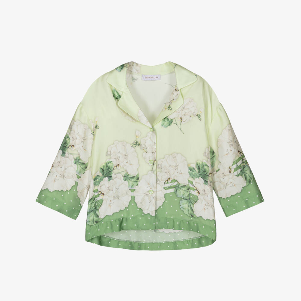 Monnalisa Шик-Рубашка зеленая атласная с цветочным узором для девочек | Childrensalon