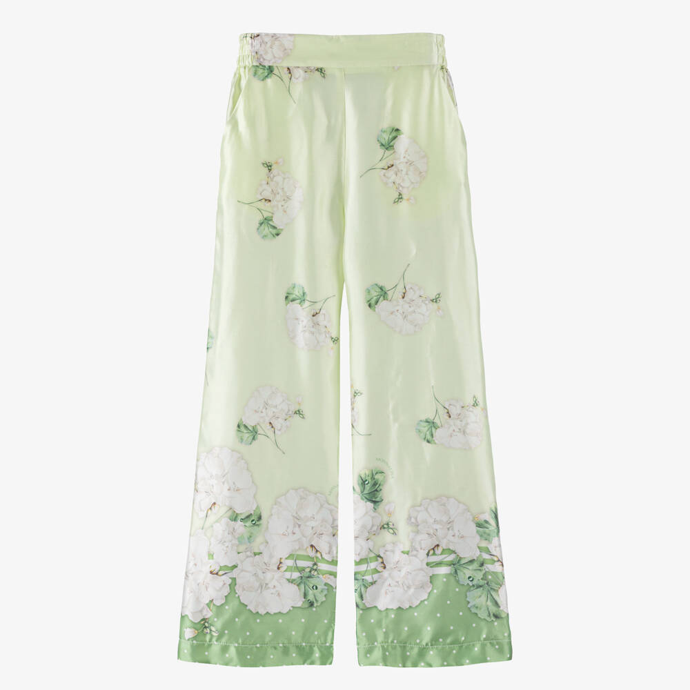 Monnalisa Chic-Girls Green Floral Satin Wide-Leg Trousers | Childrensalon
