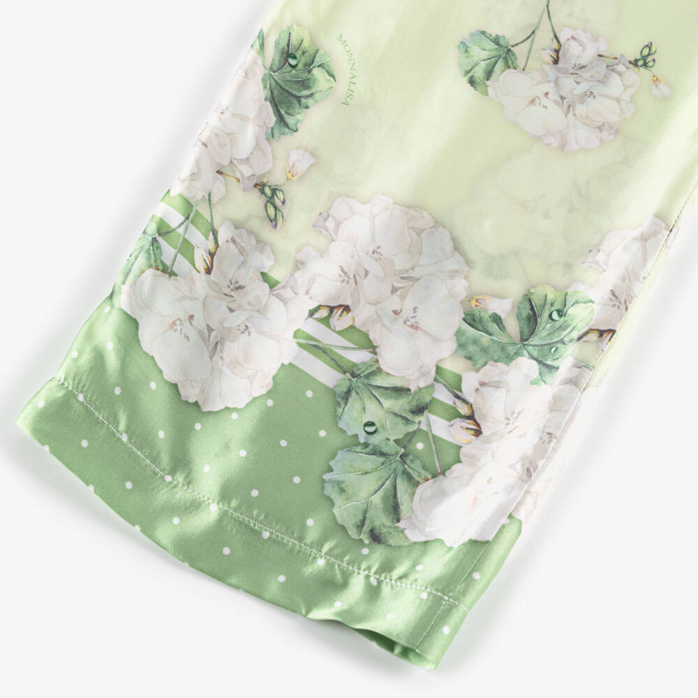 Monnalisa Chic-Girls Green Floral Satin Wide-Leg Trousers | Childrensalon