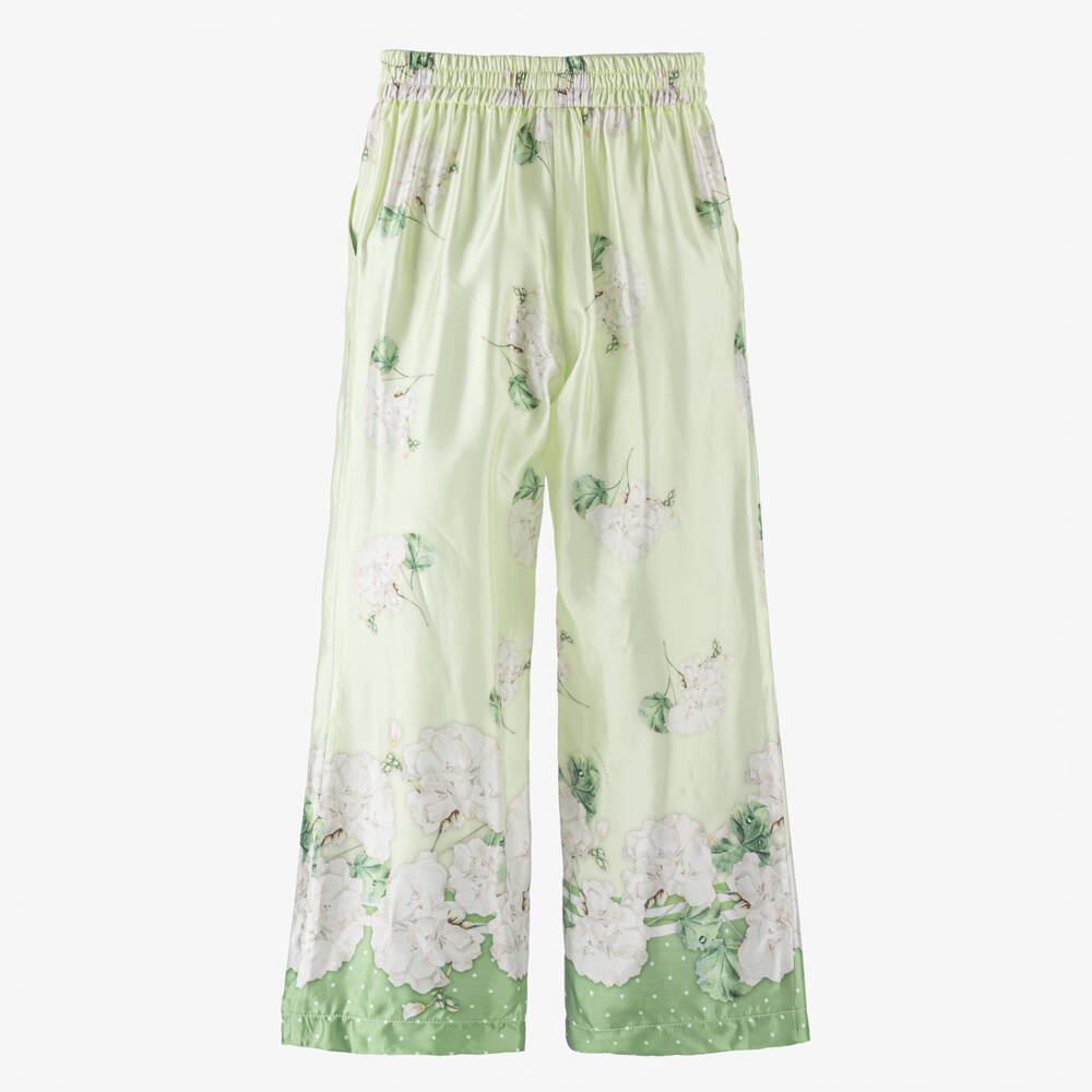 Monnalisa Chic-Girls Green Floral Satin Wide-Leg Trousers | Childrensalon