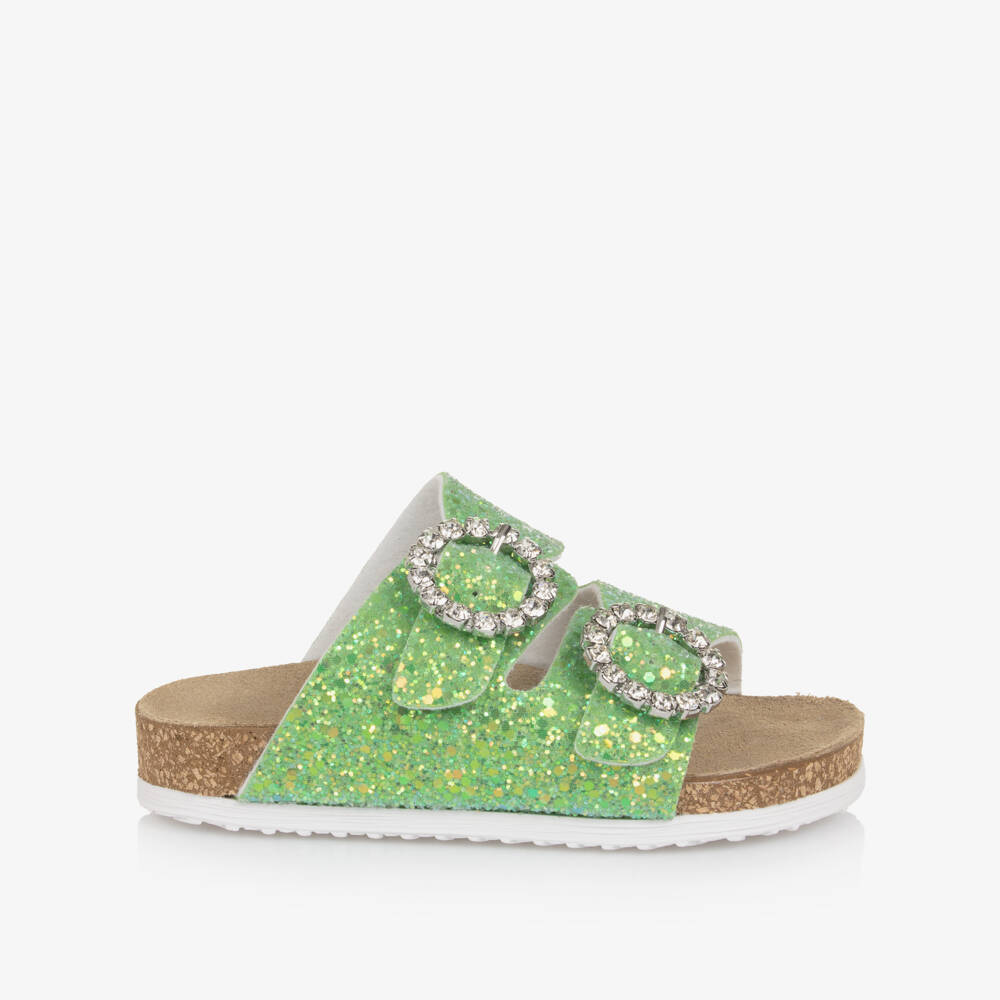 Monnalisa-Girls Green Glitter Sandals with Diamanté Buckles | Childrensalon
