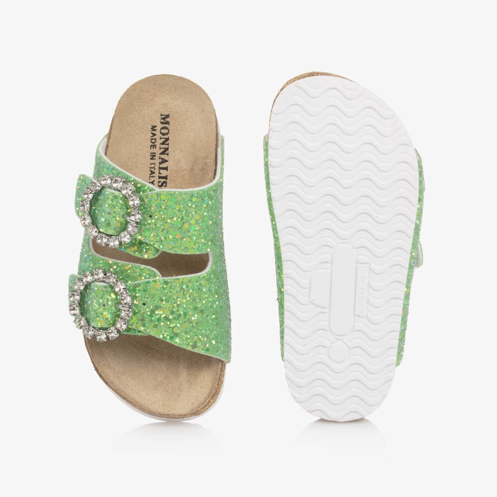 Monnalisa-Girls Green Glitter Sandals with Diamanté Buckles | Childrensalon