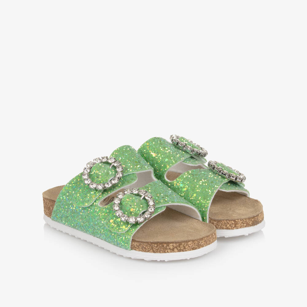 Monnalisa-Girls Green Glitter Sandals with Diamanté Buckles | Childrensalon