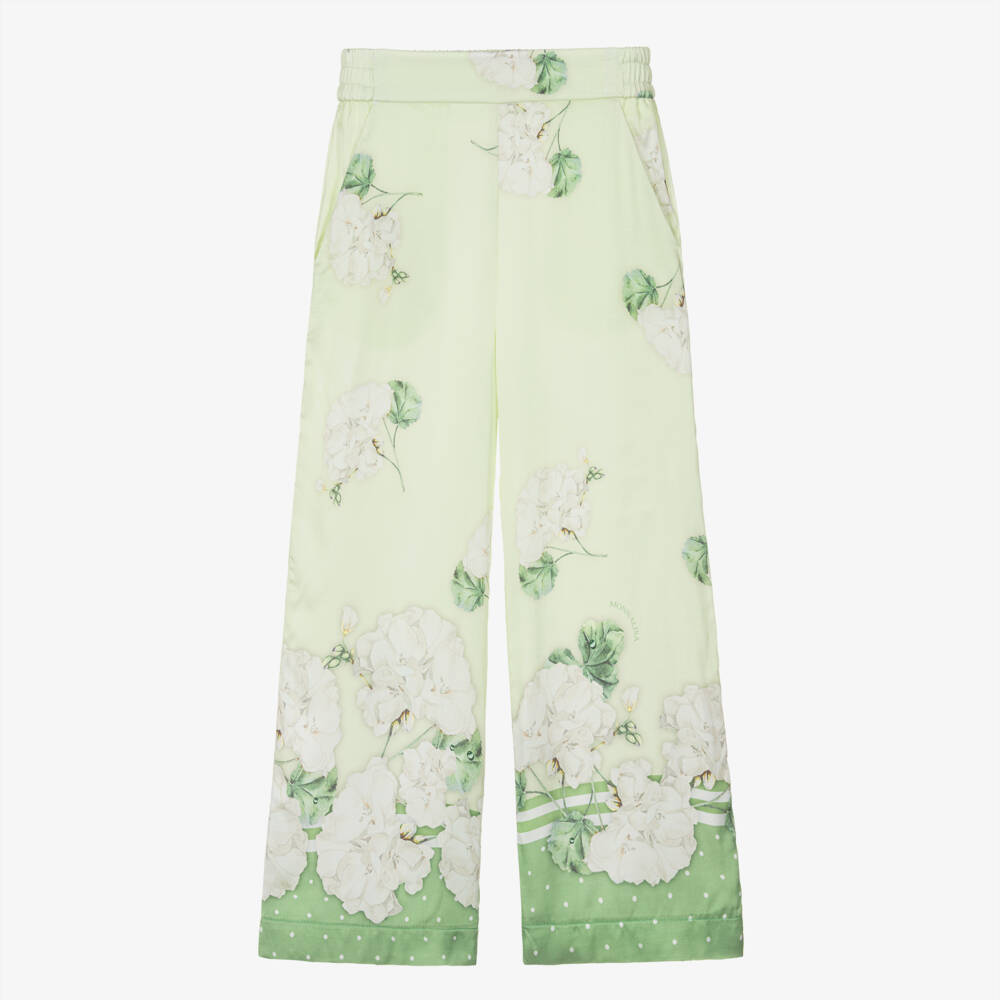 Monnalisa Шик-Брюки широкие зеленые из атласа с цветами для девочек | Childrensalon