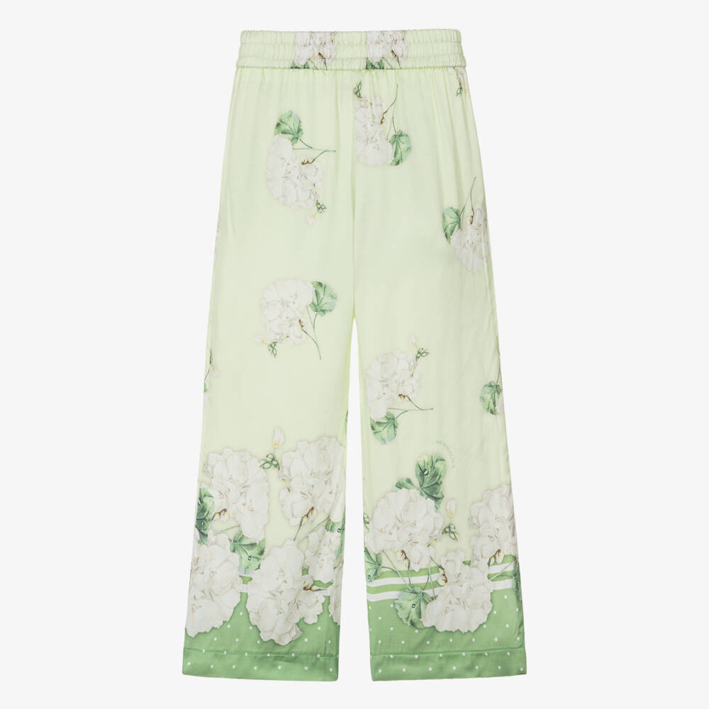 Monnalisa Шик-Брюки широкие зеленые из атласа с цветами для девочек | Childrensalon