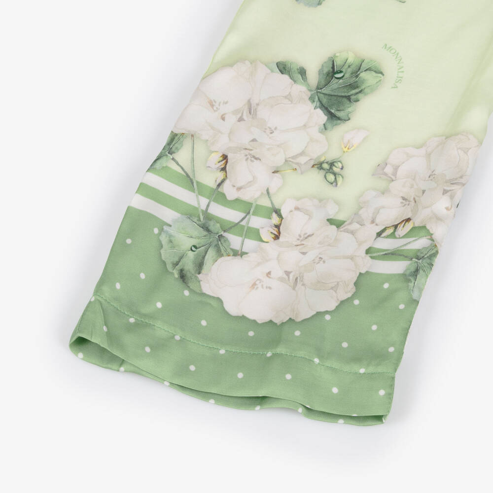 Monnalisa Шик-Брюки широкие зеленые из атласа с цветами для девочек | Childrensalon