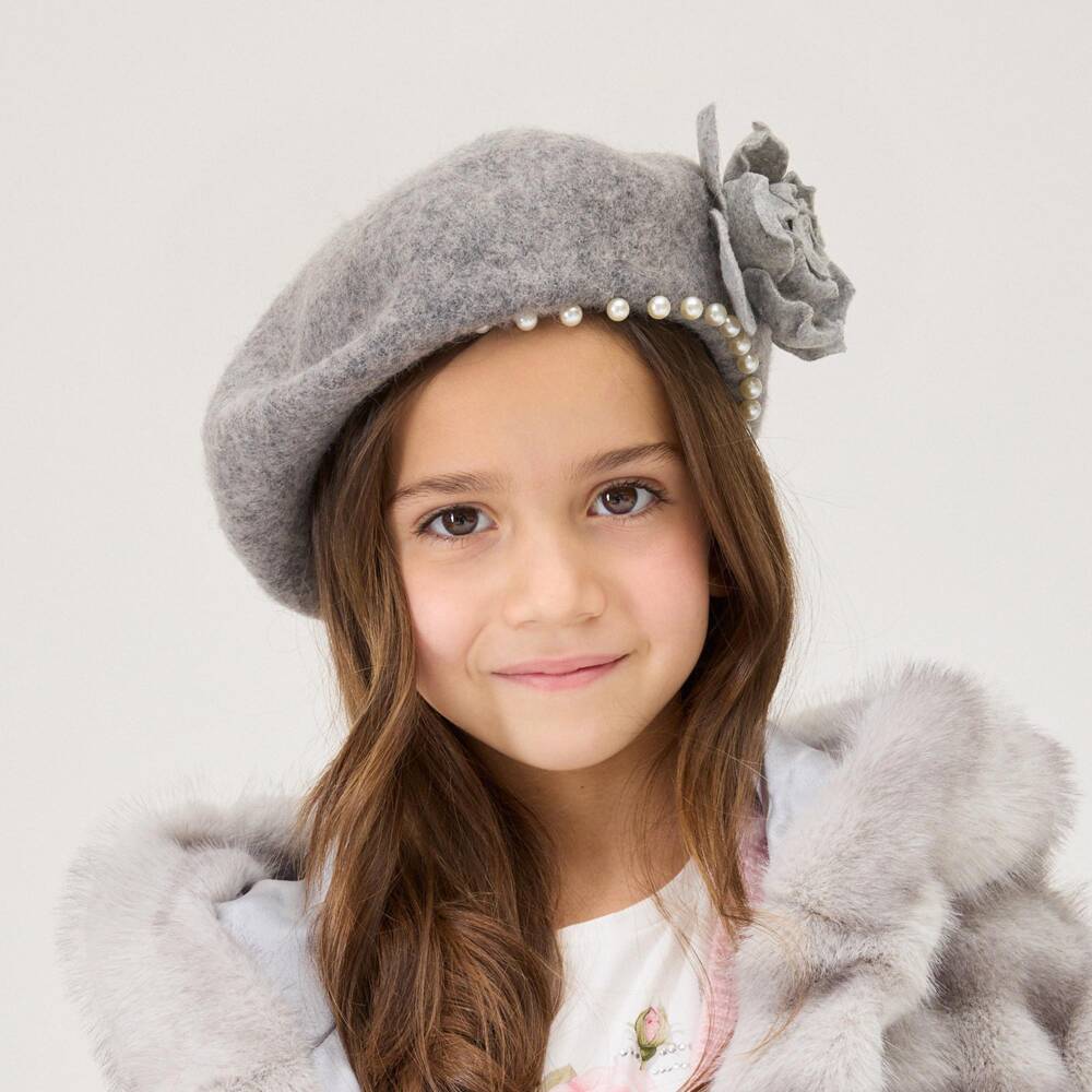 Monnalisa-Girls Grey Beret with Flower & Pearl Details | Childrensalon