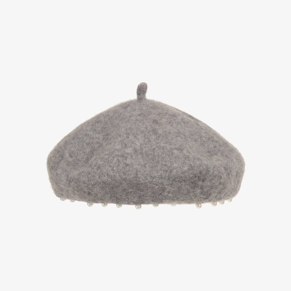 Monnalisa-Girls Grey Beret with Flower & Pearl Details | Childrensalon