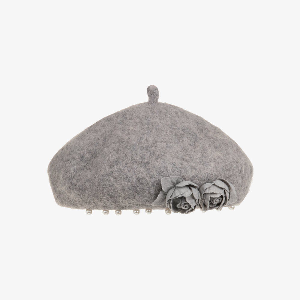 Monnalisa-Girls Grey Beret with Flower & Pearl Details | Childrensalon