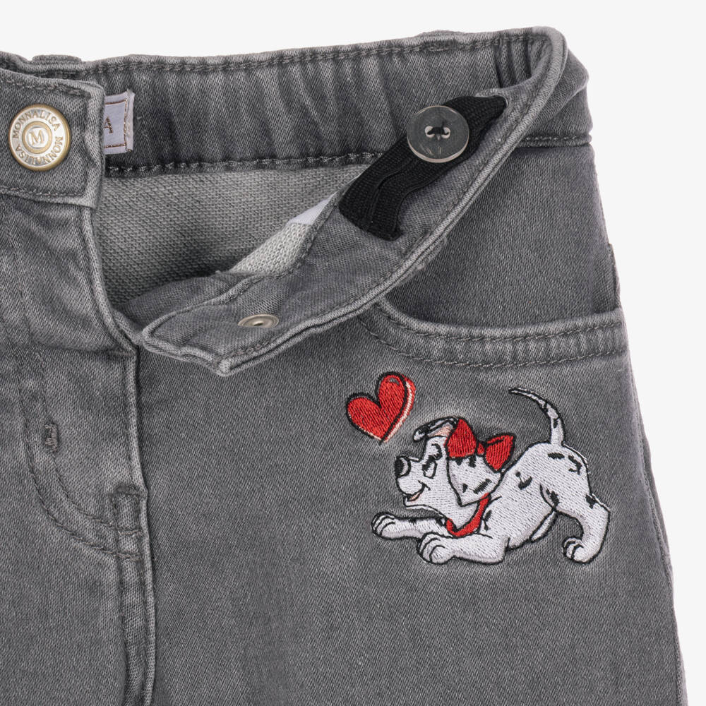 Monnalisa-Girls Grey Denim Disney Jeans with Dalmatian Puppy | Childrensalon