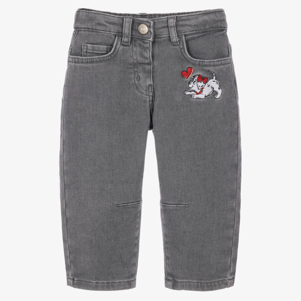 Monnalisa-Girls Grey Denim Disney Jeans with Dalmatian Puppy | Childrensalon