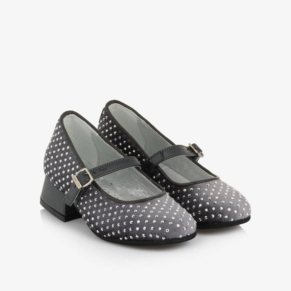 Monnalisa-Girls Grey Diamanté Heeled Ballerina Shoes | Childrensalon