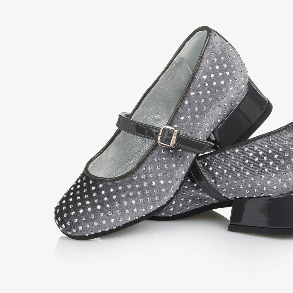 Monnalisa-Girls Grey Diamanté Heeled Ballerina Shoes | Childrensalon