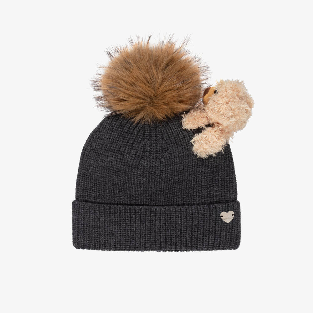 Monnalisa-Girls Grey Knitted Wool Teddy Bear Hat | Childrensalon