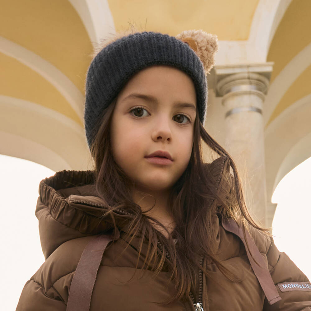 Monnalisa-Girls Grey Knitted Wool Teddy Bear Hat | Childrensalon
