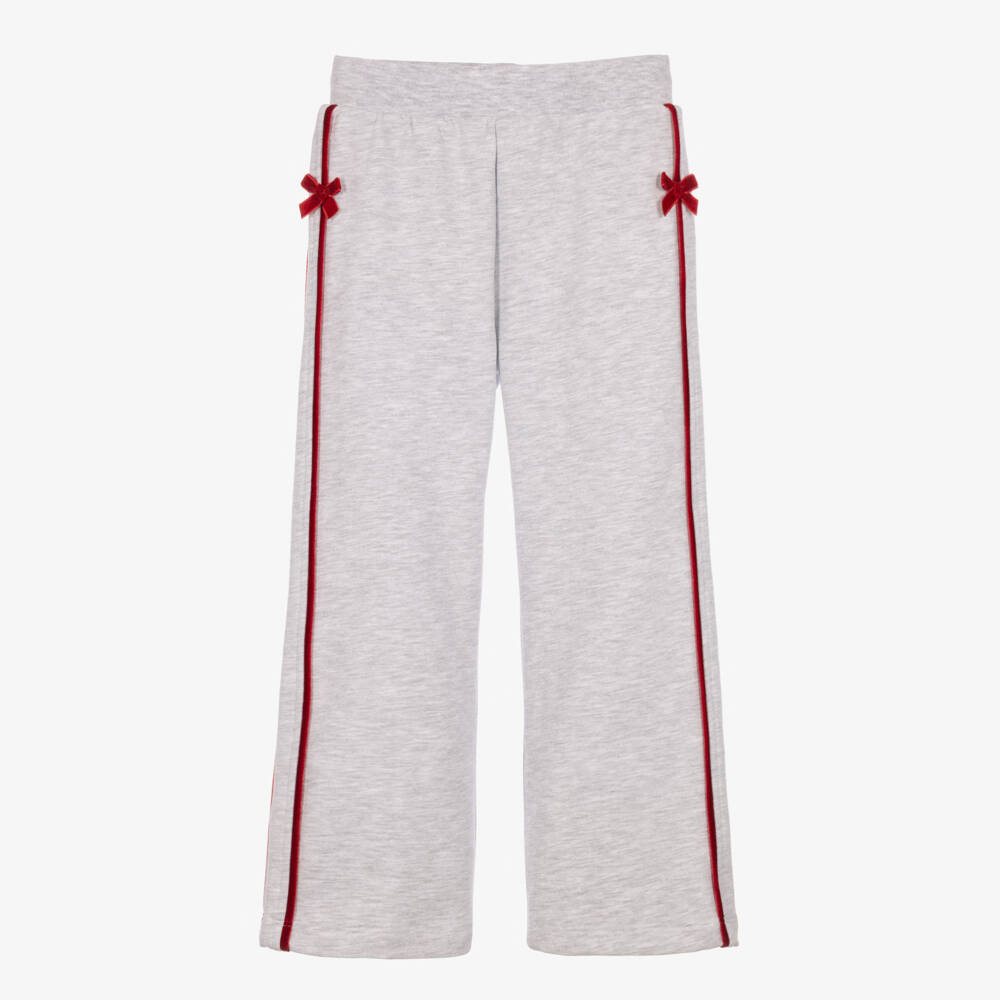 Monnalisa-Girls Grey Marl Wide-Leg Joggers with Red Velvet Bows | Childrensalon