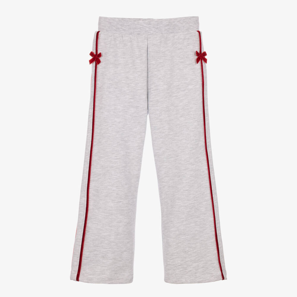 Monnalisa-Girls Grey Marl Wide-Leg Joggers with Red Velvet Bows | Childrensalon