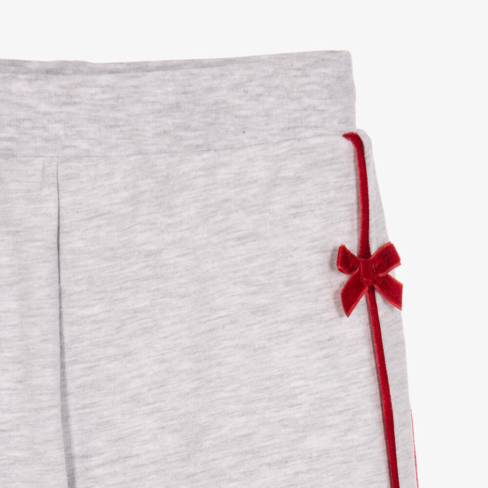 Monnalisa-Girls Grey Marl Wide-Leg Joggers with Red Velvet Bows | Childrensalon