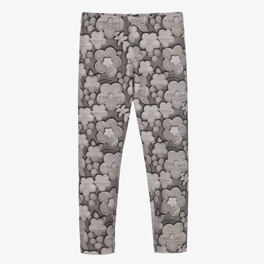 Monnalisa-Girls Grey Monochrome Floral Print Leggings | Childrensalon