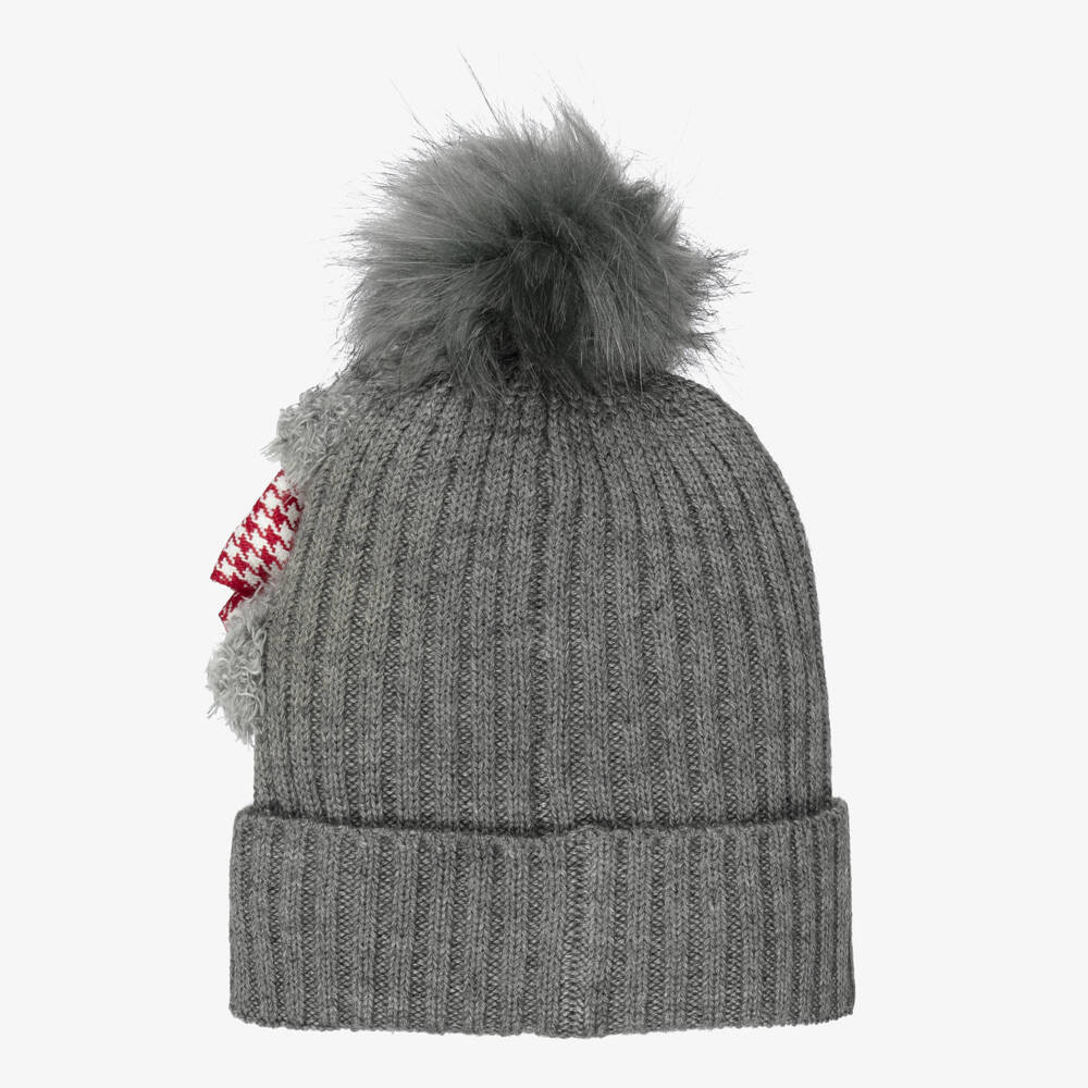 Monnalisa-Girls Grey Pom-Pom Beanie Hat with Teddy Bear | Childrensalon