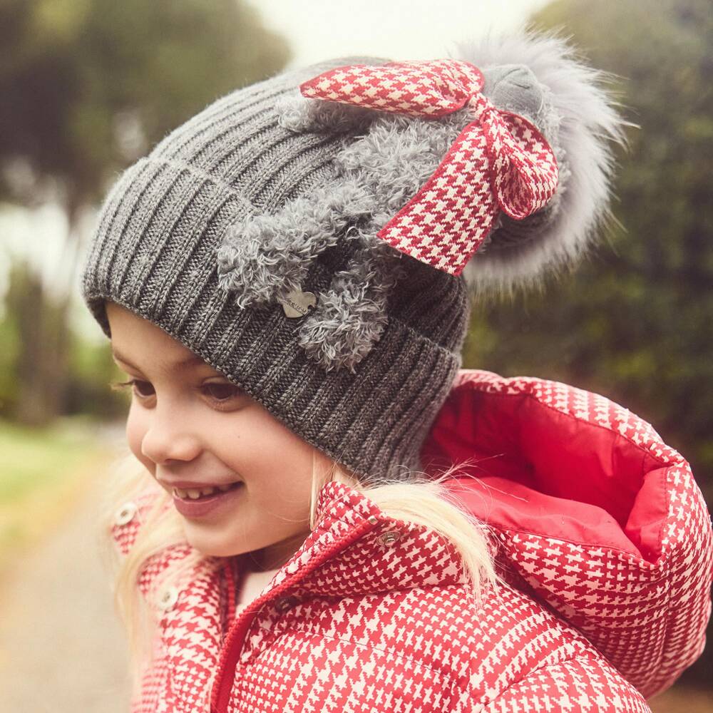 Monnalisa-Girls Grey Pom-Pom Beanie Hat with Teddy Bear | Childrensalon
