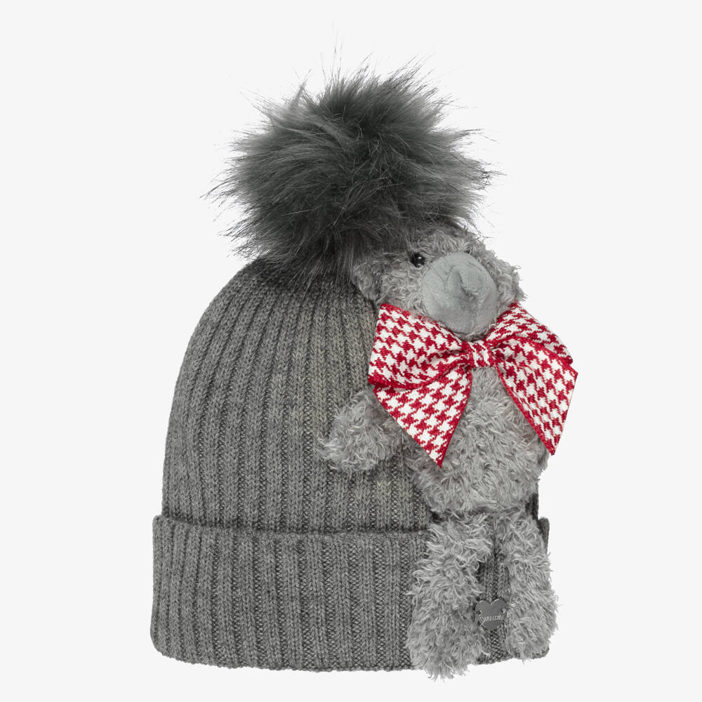 Monnalisa-Girls Grey Pom-Pom Beanie Hat with Teddy Bear  | Childrensalon