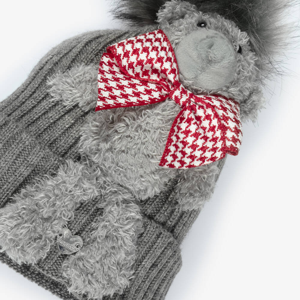 Monnalisa-Girls Grey Pom-Pom Beanie Hat with Teddy Bear | Childrensalon