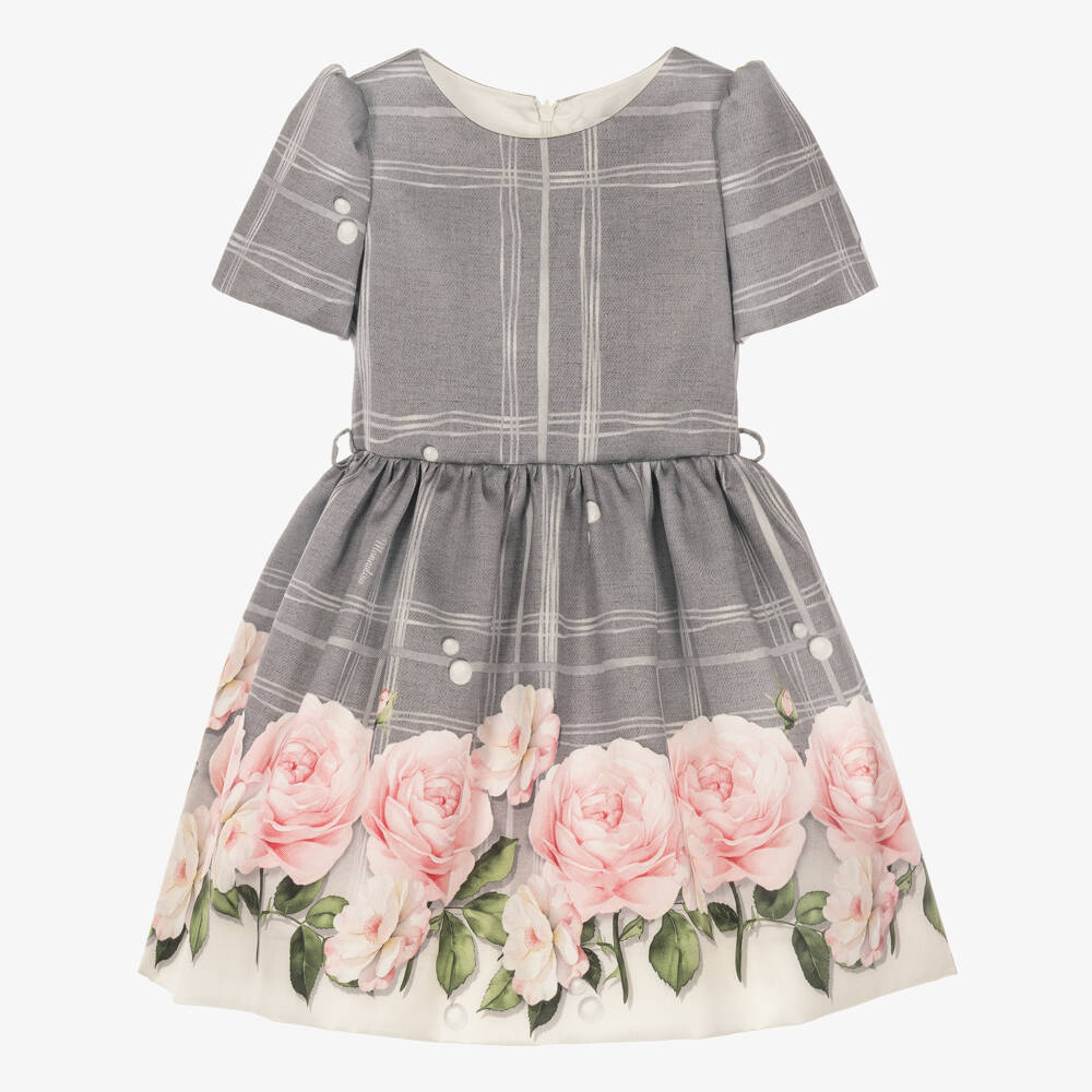 Monnalisa-Girls Grey Satin Twill Floral Dress | Childrensalon