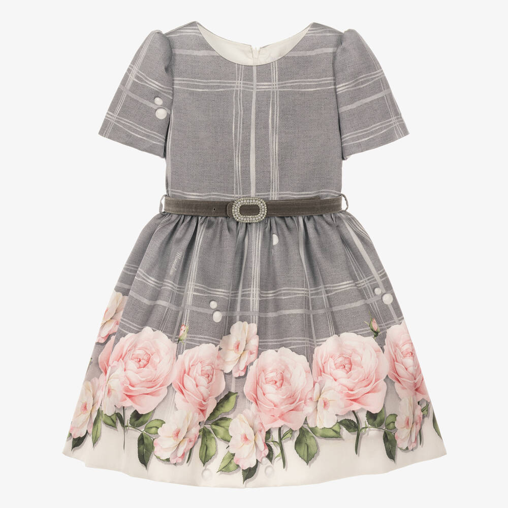 Monnalisa-Girls Grey Satin Twill Floral Dress | Childrensalon