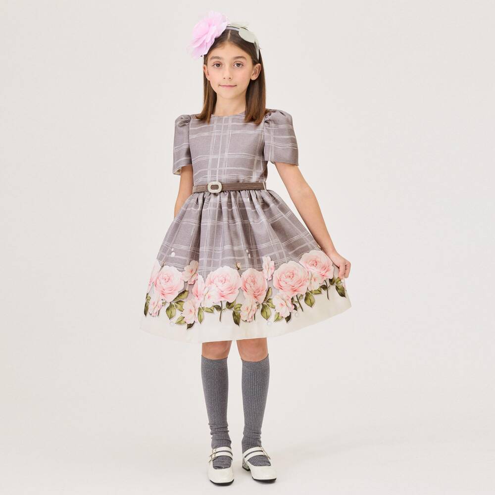 Monnalisa-Girls Grey Satin Twill Floral Dress | Childrensalon