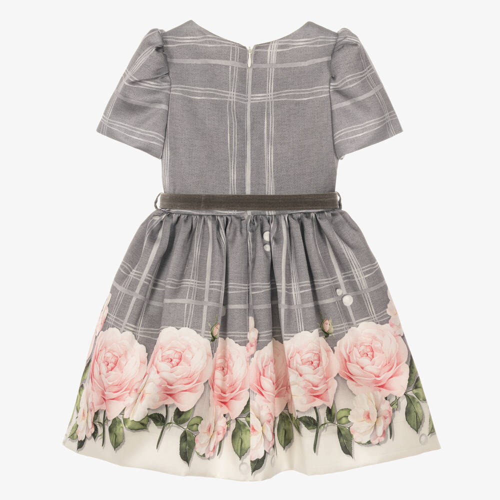 Monnalisa-Girls Grey Satin Twill Floral Dress | Childrensalon