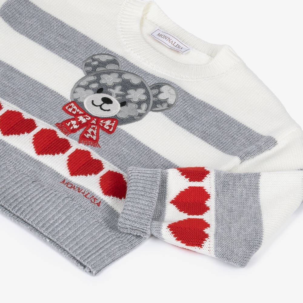 Monnalisa-Girls Grey Striped Knit Sweater with Teddy & Hearts | Childrensalon