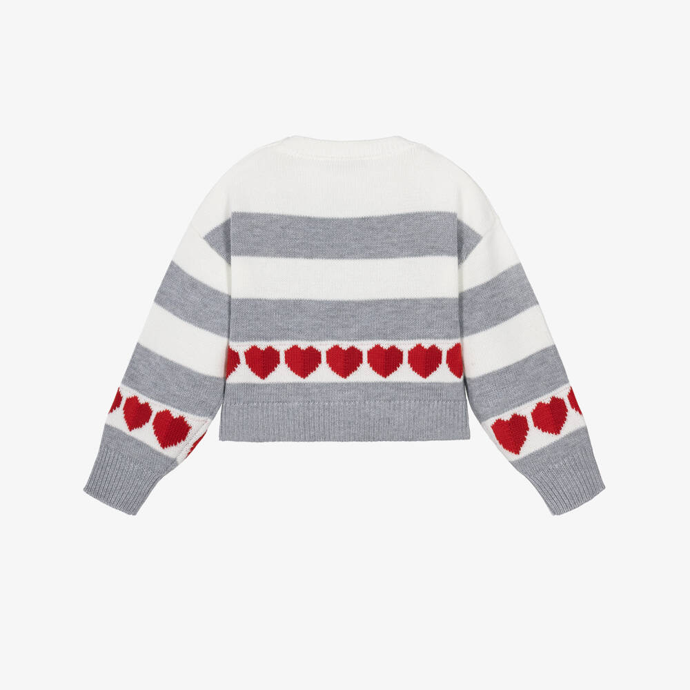 Monnalisa-Girls Grey Striped Knit Sweater with Teddy & Hearts | Childrensalon