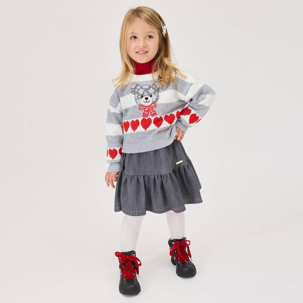 Monnalisa-Girls Grey Striped Knit Sweater with Teddy & Hearts | Childrensalon
