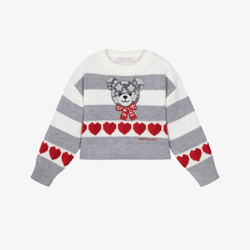 Monnalisa-Girls Grey Striped Knit Sweater with Teddy & Hearts | Childrensalon