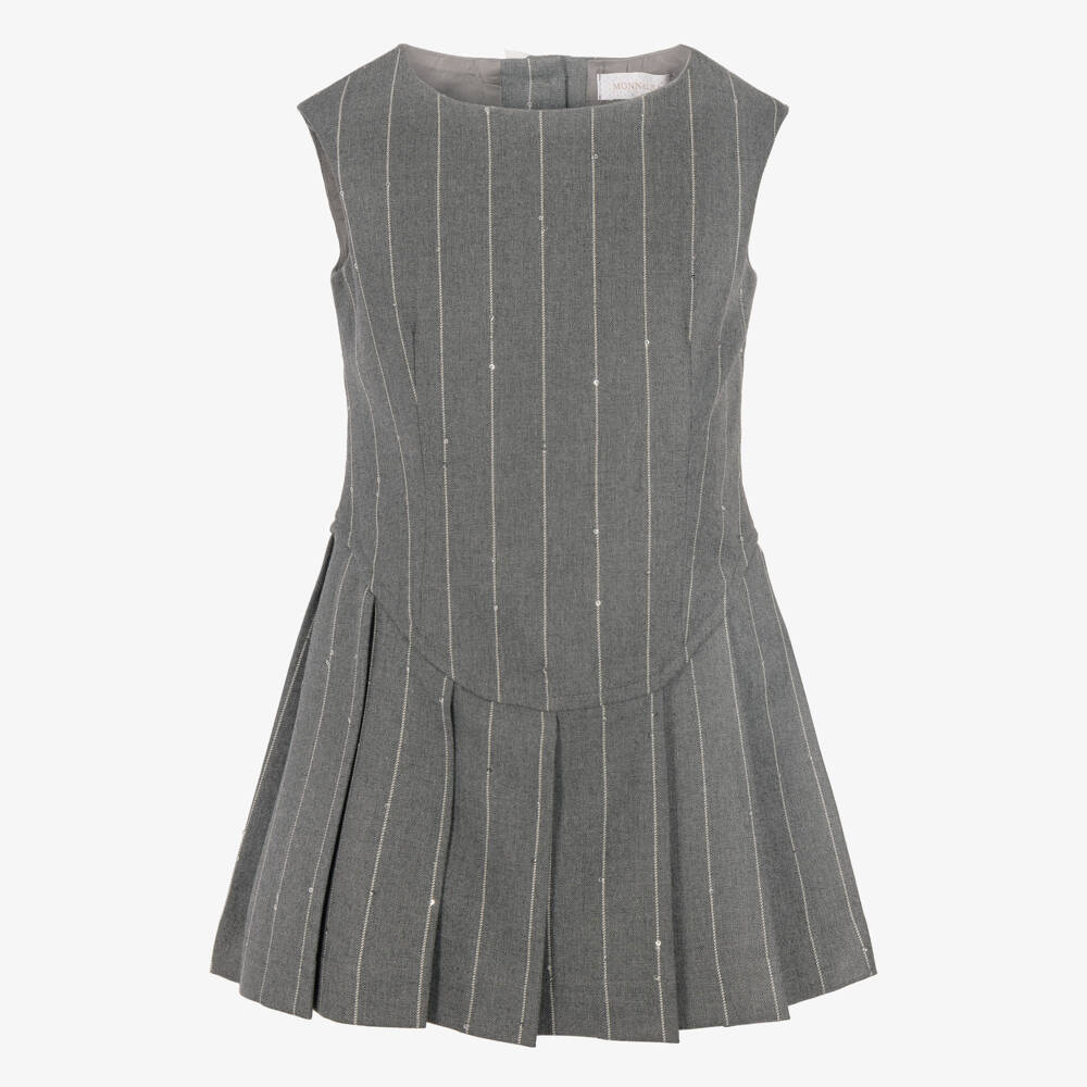 Monnalisa-Girls Grey Striped Sleeveless Dress with Sequins | Childrensalon