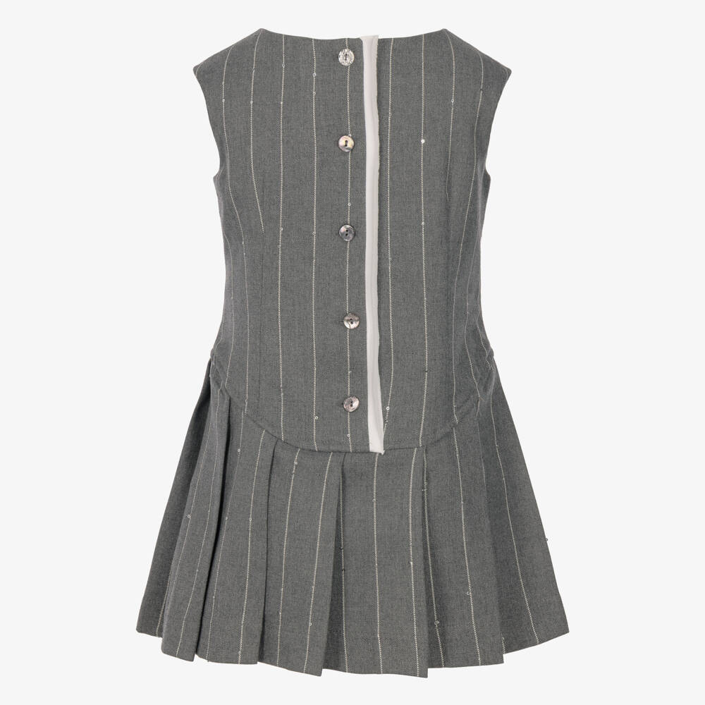 Monnalisa-Girls Grey Striped Sleeveless Dress with Sequins | Childrensalon